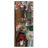 CONTENTS OF CURIO CABINET: FIGURAL VASES, SMALL FIGURINES, MUSIC BOX, KEWPIE-STYLE PLATE, AND OTHER ITEMS