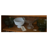 SET OF 4 PEDESTAL COMPOTES: 2 GREEN, 1 WHITE, AND 1 CLEAR