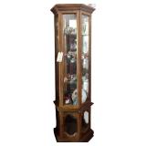 WOODEN CURIO CABINET WITH MIRRORED BACK, 3 GLASS SHELVES IN UPPER SECTION, AND SEPARATE LOWER SECTION; SCUFFING TO FRONT CORNERS; APPROX. 70.5" TALL X 24.75" AT WIDEST