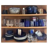 CONTENTS OF KITCHEN CABINET: COBALT AND CLEAR GLASSWARE INCLUDING ANCHOR HOCKING PIECES, OTHER ASSORTED DISHES AND GLASSWARE; FLOW BLUE BOWL WITH CHIP