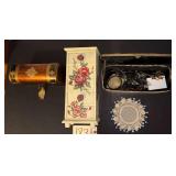 VINTAGE JEWELRY CHESTS/BOXES: TRUNK-STYLE WITH KEY AND TASSEL, OTHER WITH CONTENTS; SMALL BEADED DOILY