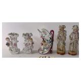 5 VINTAGE PIECES: PAIR OF COLONIAL FIGURES, A LITTLE OVER 8" TALL; PAIR OF VICTORIAN CHERUB-STYLE VASES, APPROX. 5" TALL; VICTORIAN CHERUB-STYLE HANDLED VASE