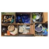 LOT OF 7 BOXES TO INCLUDE AVON BOTTLES, CLEAR AND COBALT-BLUE GLASSWARE, AND KITCHENWARE