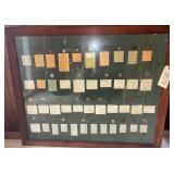 ASSORTED COINS, SOME ANTIQUE, WITH INFORMATION AND DESCRIPTIONS IN VINTAGE WOODEN FRAME, APPROX. 19" X 38"