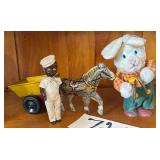 VINTAGE TIN-LITHOGRAPH HORSE-AND-CART TOY; BLACK AMERICANA PLASTIC MALE SAILOR DOLL WITH MOVING EYES; VINTAGE WIND-UP CYMBAL-PLAYING BUNNY, WORKING