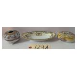 VINTAGE NORITAKE “SMARTINIS” PATTERN OVAL BOWL, FOOTED HAIR RECEIVER, AND CHERUB-DECORATED SOAP BOX