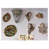LOT OF WALL DECOR TO INCLUDE CHERUBS, HANGING VASE, ETC.