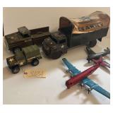 LOT OF VINTAGE DIE-CAST TOYS: TONKA, LUMAR, AND BUDDY L TRUCKS; STRATO RED-AND-BLUE “CRUISER” PLANE; OTHER PLANE MISSING PARTS