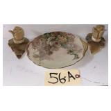VINTAGE/ANTIQUE HAND-PAINTED T&V FRANCE PLATE, IN GOOD CONDITION; 2 CANDLEHOLDERS - APPEAR TO BE SOAPSTONE/SANDSTONE, 1 WITH DETACHED CHIP