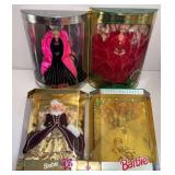4 BOXED HOLIDAY COLLECTOR BARBIE DOLLS: 1996, 1992, 1998, AND 1993; BOXES IN GOOD CONDITION WITH MINOR WEAR