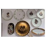 ANTIQUE PORTRAIT PLATES, 3 MATCHING-SHAPE WITH CRAZING/HAIRLINES AND 1 WITH GLAZE CRAZING; NORITAKE HANDLED OVAL BOWL; DECORATIVE WALL HANGING, APPEARS TO BE CHALK - SMALL NICK; 1995 GERMAN ANGEL PLAT
