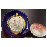 LARGE VINTAGE PORTRAIT PLATE, APPROX. 16" DIAMETER, WITH STAND; VINTAGE HAND-PAINTED BOWL