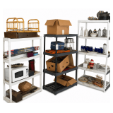 CONTENTS DISPLAYED ON 3 PLASTIC SHELVING UNITS TO INCLUDE MEDIA RACKS; TOOLBOXES; ANTIQUE JACK; WRENCHES; CLOCK AND CUCKOO CLOCK, AS IS; VANITY CASE; BOAT ANCHORS; FRAMES; HALLOWEEN DECOR; RELISH DISH