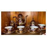 VINTAGE GOLD-TONE BEEHIVE JAPAN 11-PIECE TEA SET WITH VICTORIAN PORTRAIT SCENES, EXCLUDING LIDS