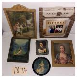 SMALL VINTAGE FRAMED NATIVE AMERICAN PRINT OF GIRL IN CANOE; SMALL ROUND FRAMED NATIVE AMERICAN PRINT; ANTIQUE FRAMED PRINT OF GIRL WITH DOG; FRAMED ROYALTY PRINT; ETC.