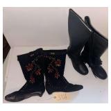 SIZE 8 1/2 WW ENGLISH-RIDING-STYLE TALL BOOTS, LEATHER AND SYNTHETIC; SIZE 9 WW BLACK SUEDE-TYPE EMBROIDERED BOOTS; BOTH PAIRS IN ESQUIRE BOX