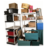 LARGE LOT TO INCLUDE ITEMS DISPLAYED ON PLASTIC SHELVING; TOTES OF DISHES AND CHRISTMAS DECOR; CHANDELIER - SMALL LADDER REQUIRED FOR REMOVAL; PLASTIC SHELVING NOT INCLUDED