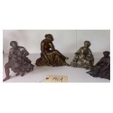 VINTAGE BRONZE-TYPE STATUES: 1 ANCIENT ROMAN FIGURE, 3 FEMALE FIGURES INCLUDING 1 WITH LYRE/HARP, AND 1 ADDITIONAL MALE FIGURE NOT PICTURED; IN GOOD CONDITION