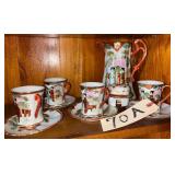 ORIENTAL GEISHA CHOCOLATE POT WITH LID AND CUP-AND-SAUCER SET, MARKED “HAND PAINTED NIPPON” - CIRCA 1980S/1990S