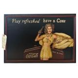 WOODEN COCA-COLA SIGN WITH THREE-DIMENSIONAL FIGURE OF GIRL IN FRONT OF COOLER, APPROX. 23.75" TALL X 16" WIDE