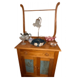 VINTAGE WASHSTAND WITH TOWEL-BAR TOP AND GLASS DOOR INSERTS; ITEMS ON TOP NOT INCLUDED