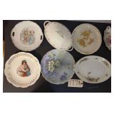VINTAGE BAVARIAN PLATE WITH HEAVY GOLD TRIM; SALEM CHINA TUREEN WITH LID; 2-HANDLED PORTRAIT CAKE PLATE; OTHER DISH; PORTRAIT PLATE WITH MARK; RED-LEAF JAPAN OVAL TRAY; MILK GLASS PATTERNED TRAY WITH 