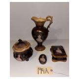 VINTAGE PORTRAIT SET: LARGE FOOTED LIDDED JAR, HANDLED PITCHER, RECTANGULAR LIDDED BOX, AND SMALLER OVAL BOX; JUNGFRAU MARK