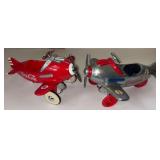 2 VINTAGE COCA-COLA DIE-CAST MINIATURE AIRPLANE “PEDAL CARS”: RED SIGNED KEN KOVACH, XONEX LIMITED EDITION 9937/10000; SILVER NUMBERED 13095/25000; EACH APPROX. 12" LONG