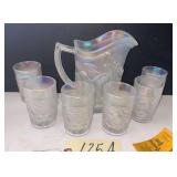 VINTAGE WHITE OPALESCENT HEAVY CARNIVAL-GLASS-STYLE PITCHER AND 6 IMPERIAL DRINKING GLASSES