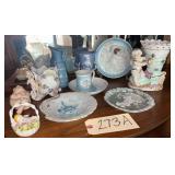 ASSORTED ITEMS TO INCLUDE VINTAGE FIGURAL VASES, WEDGWOOD-STYLE PIECES, SMALL “ANGEL BABY” PLATE, SMALL BASKET WITH BABY, AND PORCELAIN SLEEPING BABY