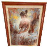 LARGE VINTAGE FLORAL PAINTING DEPICTING A WOMAN; SIGNATURE ILLEGIBLE; OVER 3 FT. X 4 FT.