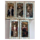 5 VINTAGE SHIRLEY TEMPLE DOLLS IN BOXES, EACH APPROX. 7" TALL; WEAR TO BOXES