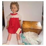 LARGE VINTAGE DOLL, AS-FOUND, AND SMALL DOLL TRUNK