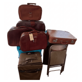 LARGE LOT OF VINTAGE SUITCASES, STORED ON PORCH, NEED CLEANING; FOLDING CHAIR NOT INCLUDED
