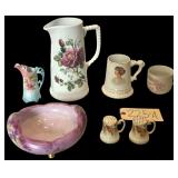 VINTAGE RS PRUSSIA PITCHER; NIPPON SHAKERS WITH SMALL MATCHING NIPPON CREAMER NOT PICTURED; BAVARIAN HAND-PAINTED PURPLE BOWL WITH GOLD FEET; PORTRAIT MUG WITH SURFACE ROUGHNESS; “GIFT MUG”; TALL 