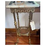 VINTAGE ORNATE SQUARE TABLE WITH MARBLE TOP, BEVELED-GLASS LOWER SHELF, BASE APPEARS TO BE BRASS; APPROX. 14" SQUARE X 31" TALL