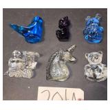 ART GLASS FIGURES: GERMAN LEAD CRYSTAL TRAIN AND BEAR, BUBBLE-GLASS UNICORN, COBALT-BLUE BIRD, FENTON AMETHYST BEAR, MEDIUM-BLUE GLASS BEAR, DOLPHIN FIGURINE AS-IS/BROKEN