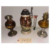 BUDWEISER CLYDESDALE STEIN AND 2 SMALL VINTAGE OIL LAMPS