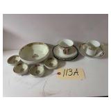 ANTIQUE NIPPON FOOTED BOWL SET WITH 2 SMALL CHIPS; PORTRAIT MUG WITH 2 SAUCERS; BOWL AND HANDLED CUP WITH GOLD-PAINTED TRIM