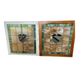 2 VINTAGE STAINED GLASS WINDOWS WITH PANES THAT APPEAR TO MATCH, APPROX. 34" SQUARE; 1 FRAME PAINTED WHITE