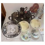 VINTAGE SILVER-PLATE TEA SET, TARNISHED; FOOTED GLASS BOWL WITH WORN SILVER TRIM; OTHER PIECES AS SHOWN; TO BE BOXED