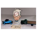 VINTAGE COCA-COLA “SPRITE BOY” CAST IRON BANK AND 2 DETAILED PLASTIC MODEL CARS