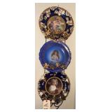 TRIPLE HANGING PLATE RACK WITH ORNATE PORTRAIT PLATES TRIMMED IN COBALT AND GOLD-TONE DECOR
