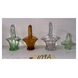 SET OF 4 SMALL VINTAGE GLASS BASKETS: 2 GREEN, 1 AMBER, AND 1 CLEAR