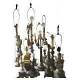 21 ASSORTED LAMPS OF VARIOUS STYLES TO INCLUDE BRASS-BASE, CAPODIMONTE-STYLE, WOOD-BASE, AND BRONZE-LOOK LAMPS; 2 SHADES INCLUDED