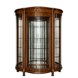 LARGE GLASS-SIDED CHINA CABINET WITH CURVED GLASS DOOR, CLAW FEET, BRASS CHERUBIM TRIM, MIRRORED BACK, AND WOODEN SHELVES WITH PLATE GROOVES; APPROX. 63" TALL X 45" WIDE X 17" DEEP AT DEEPEST