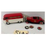 COCA-COLA DIE-CAST VOLKSWAGEN VAN AND FORD ROADSTER, BOTH AS-FOUND; WHEELS DETACHED