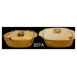UNMARKED VINTAGE THERMOSERVE GOLD-TONE PORCELAIN SERVING DISHES/BAKEWARE, BOTH DESIGNED TO HOLD HOT WATER FOR WARMING: SMALLER DIVIDED DISH AND LARGER COORDINATING BAKER/SERVER, APPROX. 8 1/2" X 8 1/2
