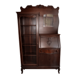 ANTIQUE SIDE-BY-SIDE DROP-FRONT SECRETARY WITH APPLIED CARVINGS, CURVED DRAWER OVER 2 DOORS, AND MAHOGANY-TYPE FINISH