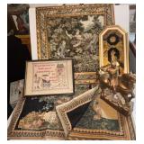 LOT OF TAPESTRY AND VINTAGE ITEMS TO INCLUDE HANDMADE FRAMED “SAMPLER,” 2 LARGE TAPESTRY PANELS, FRAMED TAPESTRY WITH FRAME DAMAGE, AND DAMAGED STATUE